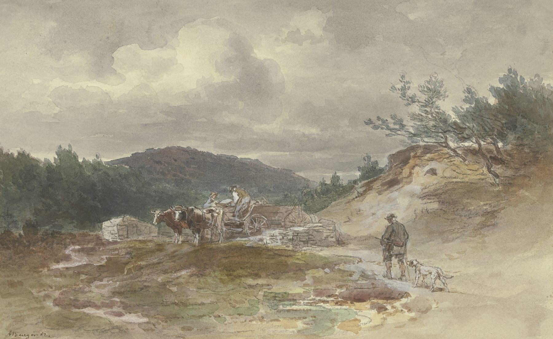 Landschaft mit Ochsengespann by Anton Burger, oil on canvas depicting oxen in a lush landscape