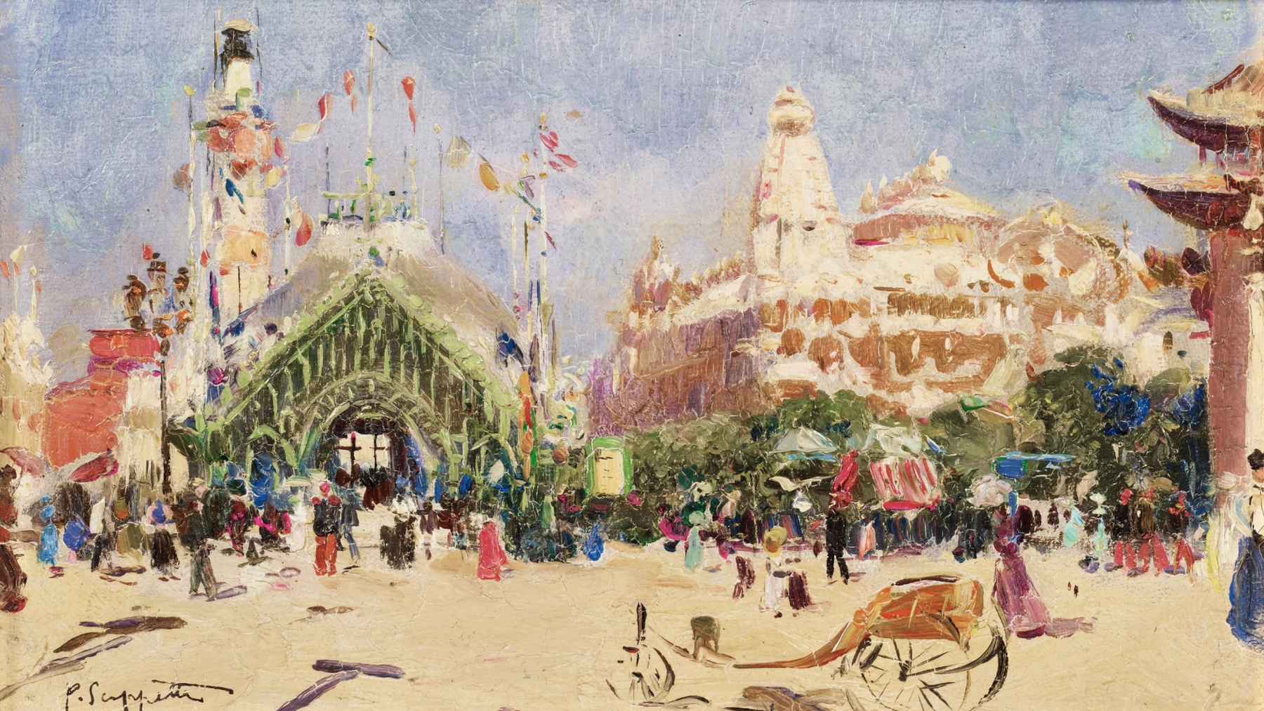 Oil painting by Pietro Scoppetta featuring a pavilion in a park at sunset
