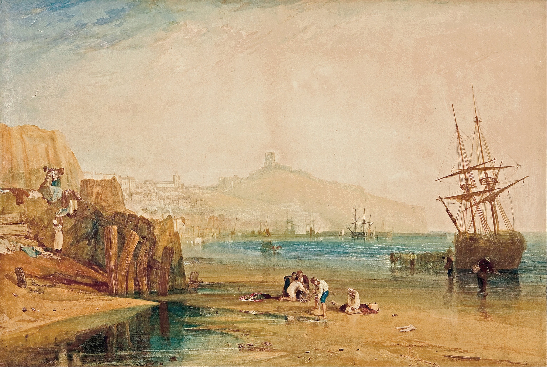 Scarborough town and castle; morning; boys catching crabs, by Joseph Mallord William Turner, public domain