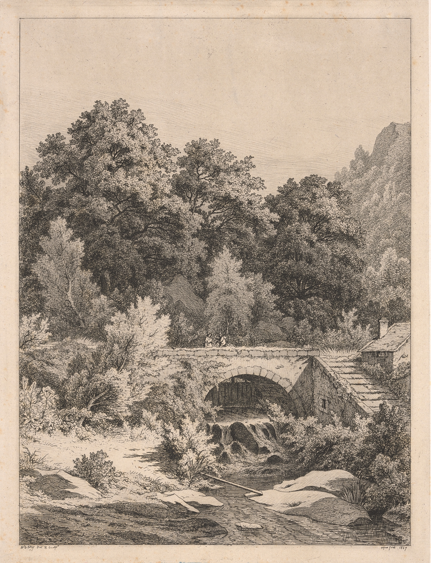 Le pont aux roches a Senlisse, oil on canvas by Eugene-Stanislas-Alexandre Blery, depicting a bridge in nature.