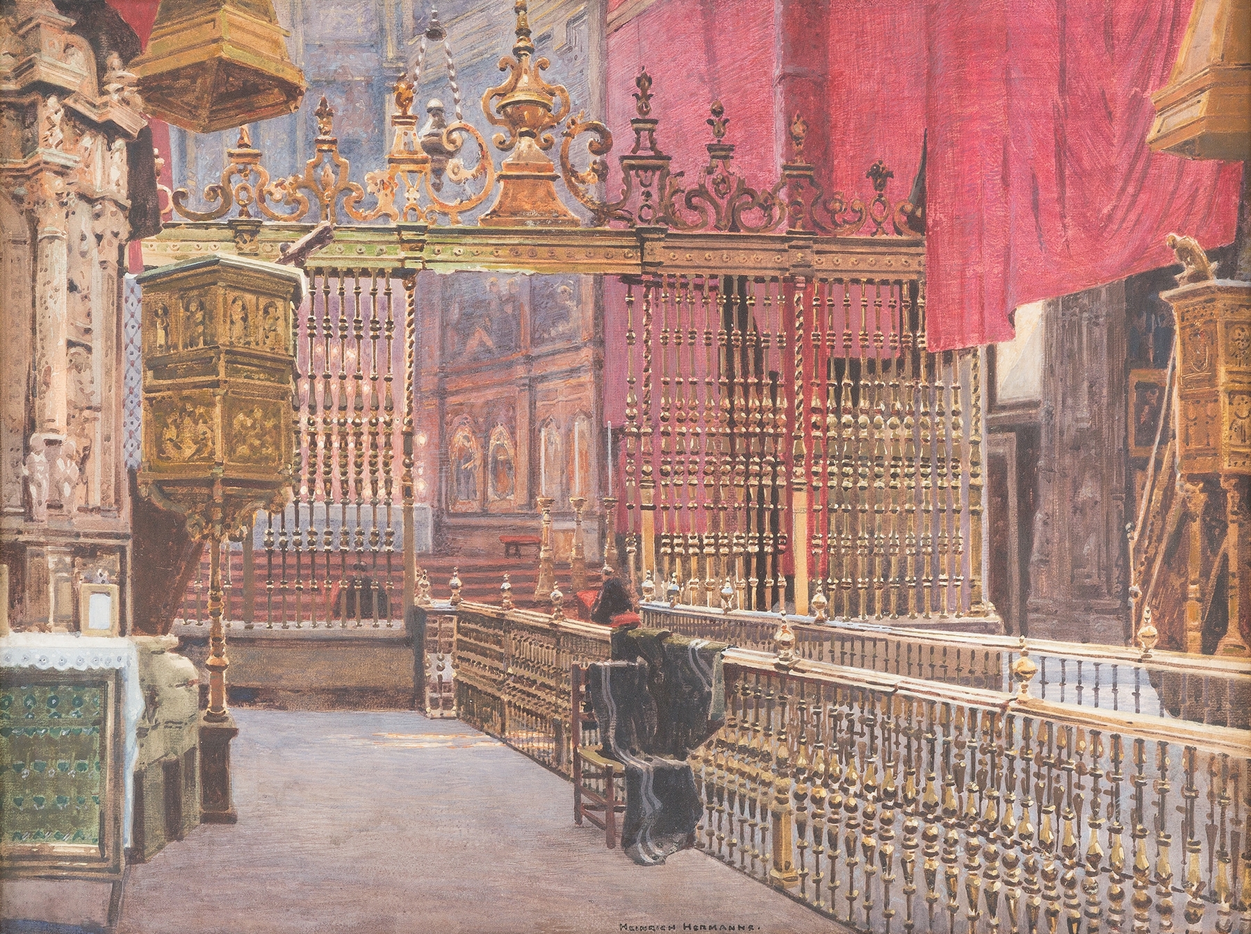 Interior of the Cathedral of Ávila by Heinrich Hermanns, Gothic style, featuring stained glass and intricate arches.