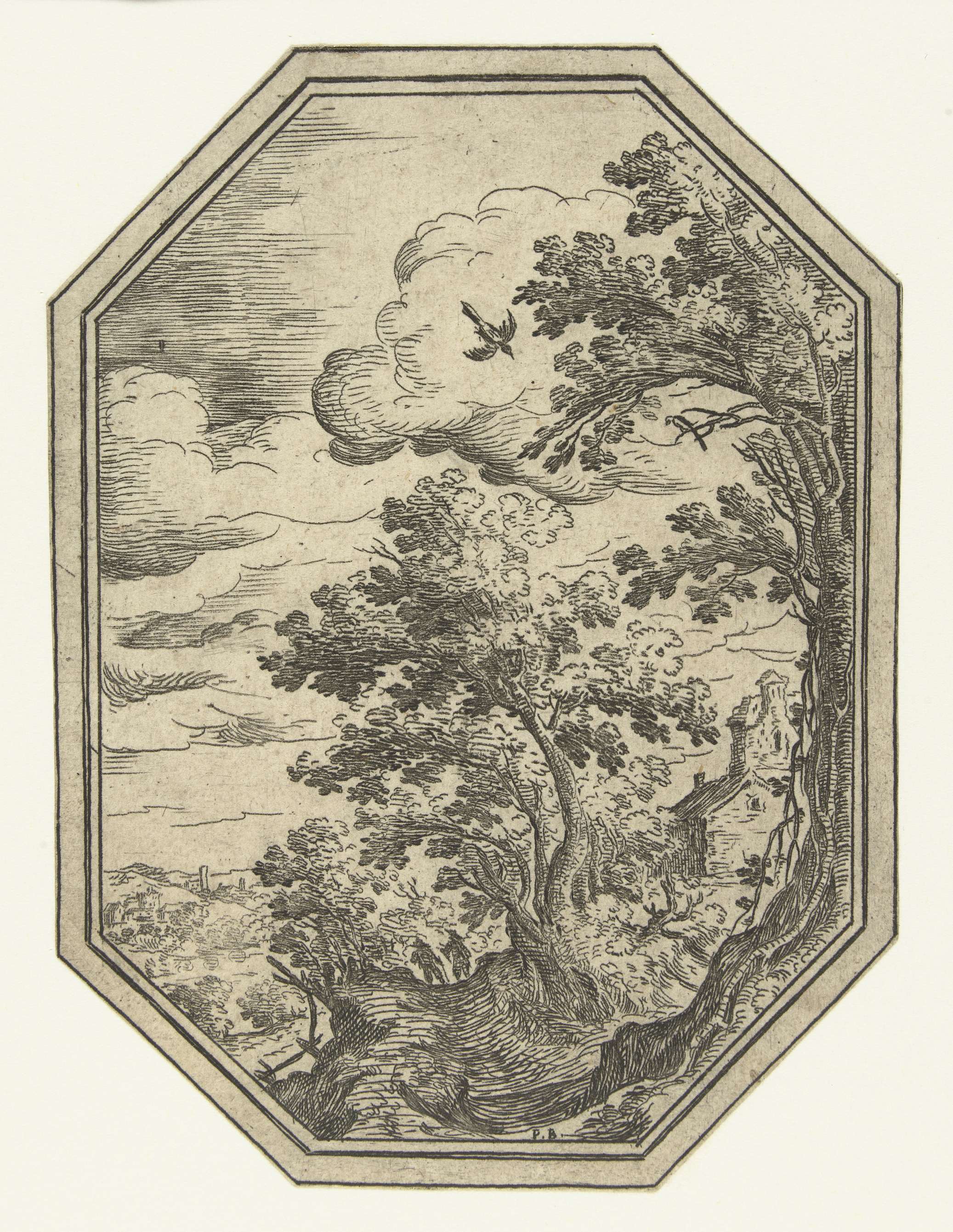 Landschap met pad tussen bomen in octagonaal kader, by Paul Bril, public domain