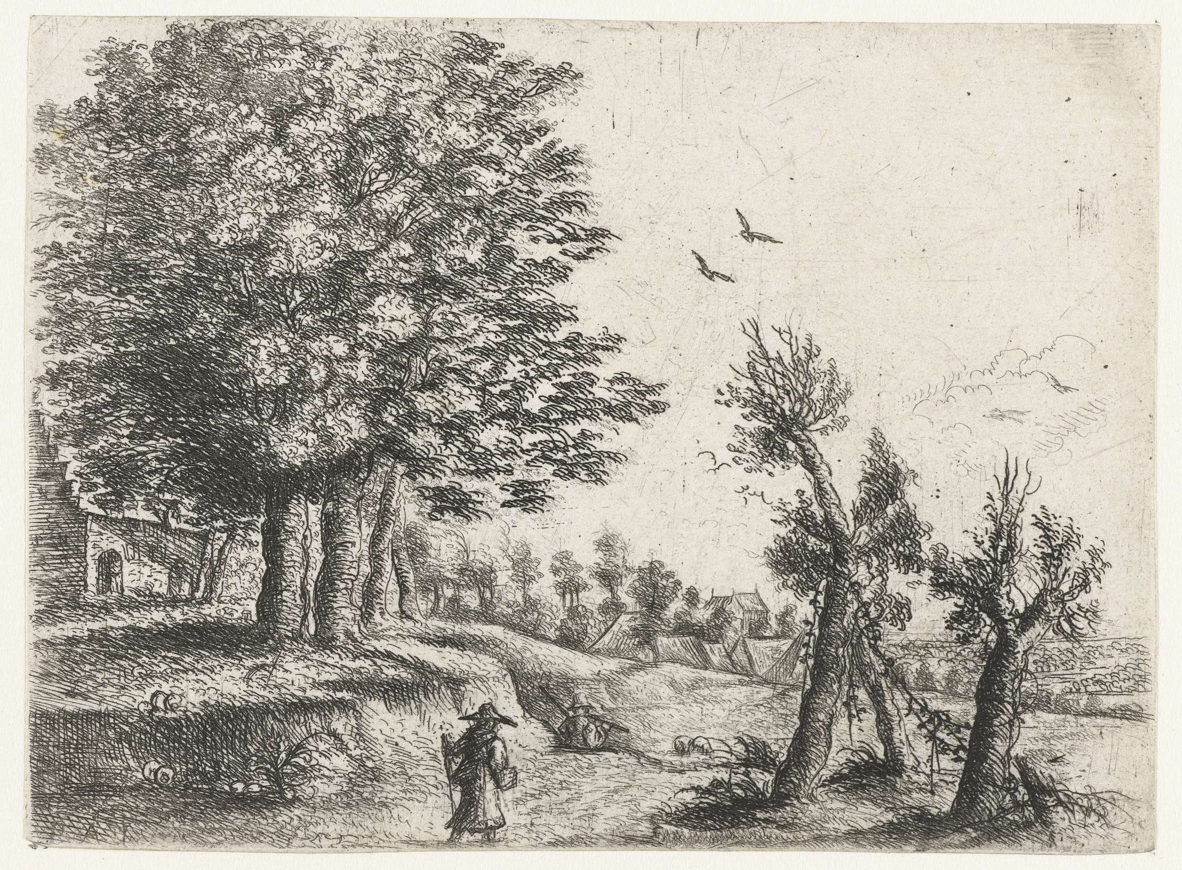 Landschap met een vrouw en een fluitspelende herder, etching by Philips Augustijn Immenraet