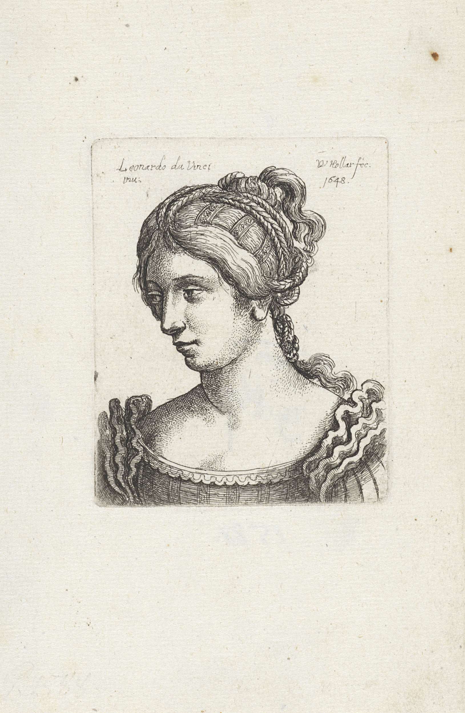 Hoofd van een vrouw met verschillende vlechten in het haar, by Wenceslaus Hollar, public domain