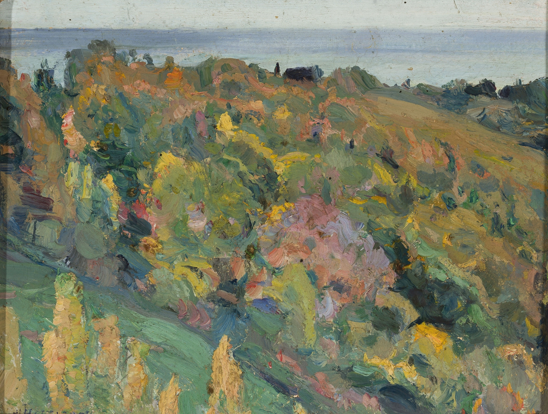 Landscape Study by Mikhail Nesterov, oil painting depicting a serene landscape with horizon and clouds.