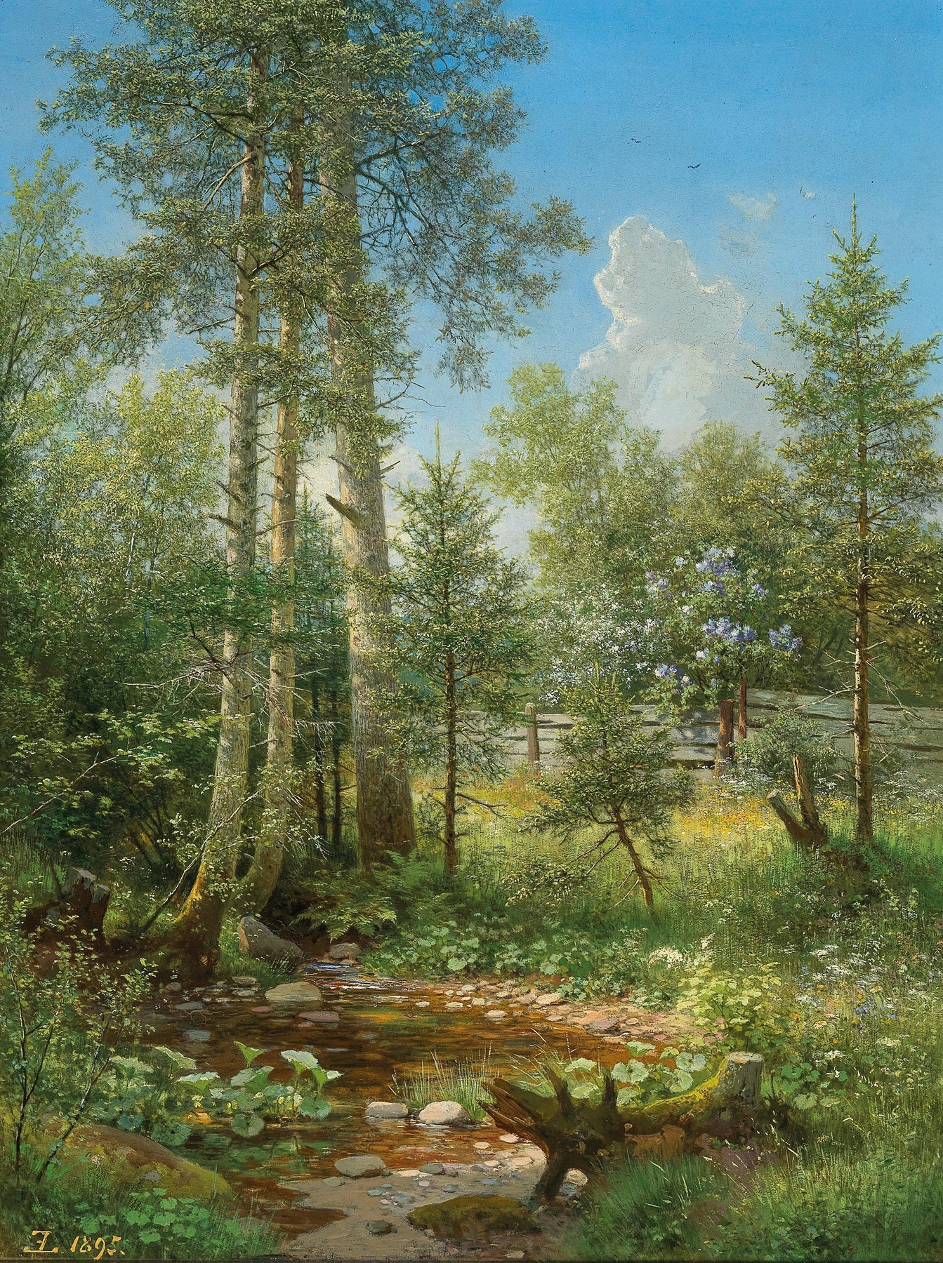 Oil painting by Eduard Leonhardi depicting a stream and lush greenery.