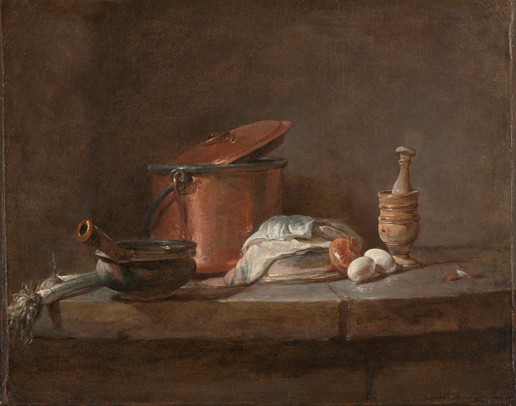 A still life painting featuring kitchen utensils, leeks, fish, and eggs.