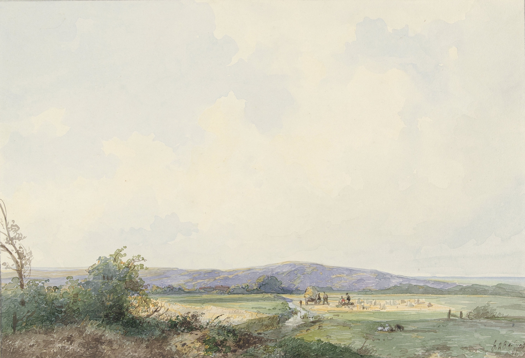 Landschap met weiden, bij de duinen by Frans Arnold Breuhaus de Groot, oil on canvas depicting a serene landscape.
