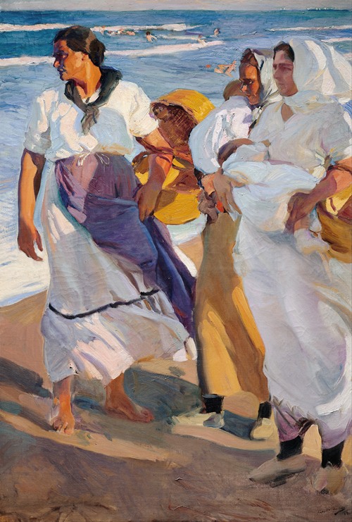 A vibrant depiction of fisherwomen in Valencia by Joaquín Sorolla.