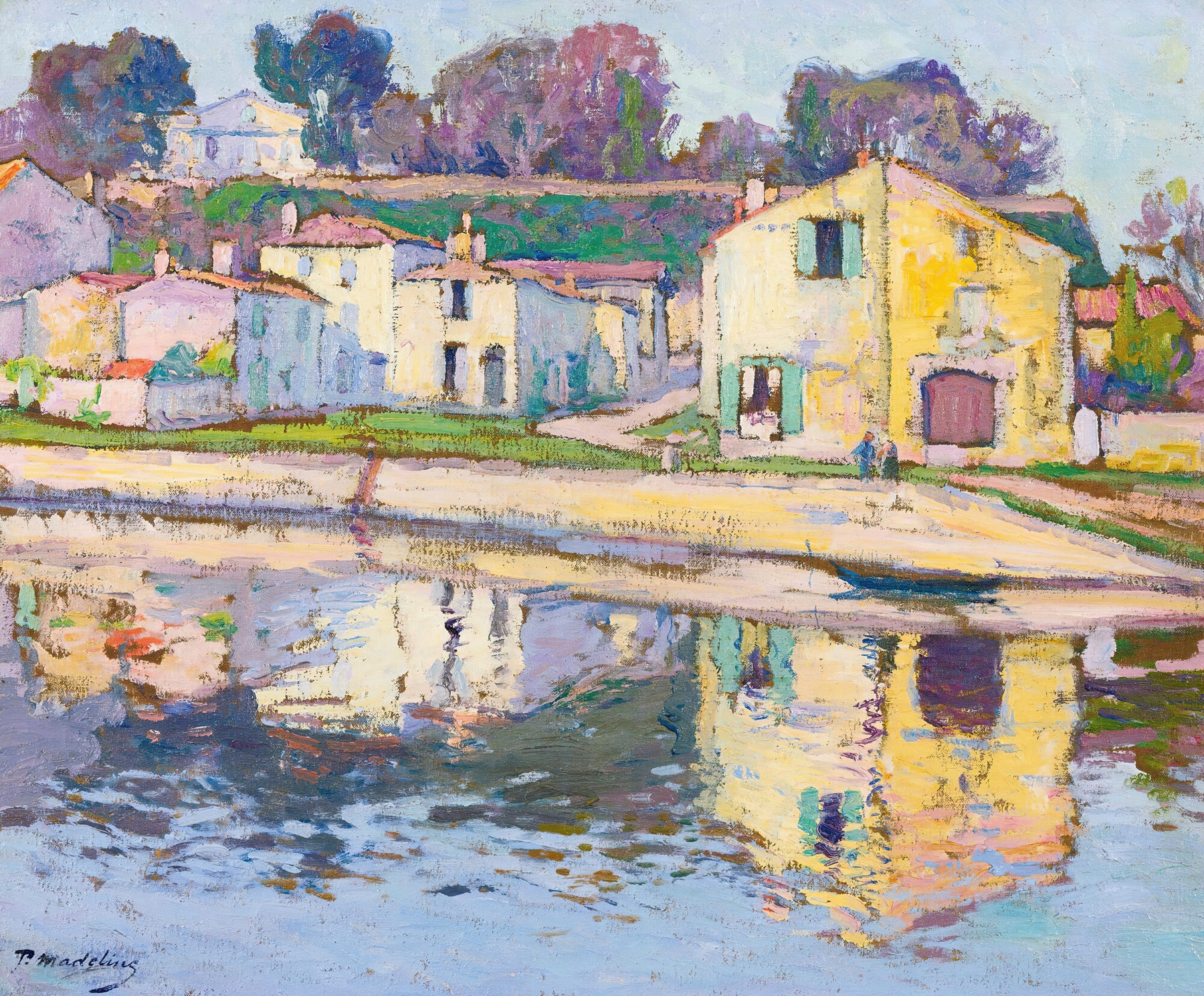Oil painting by Paul Madeline depicting a tranquil landscape with figures along a river.