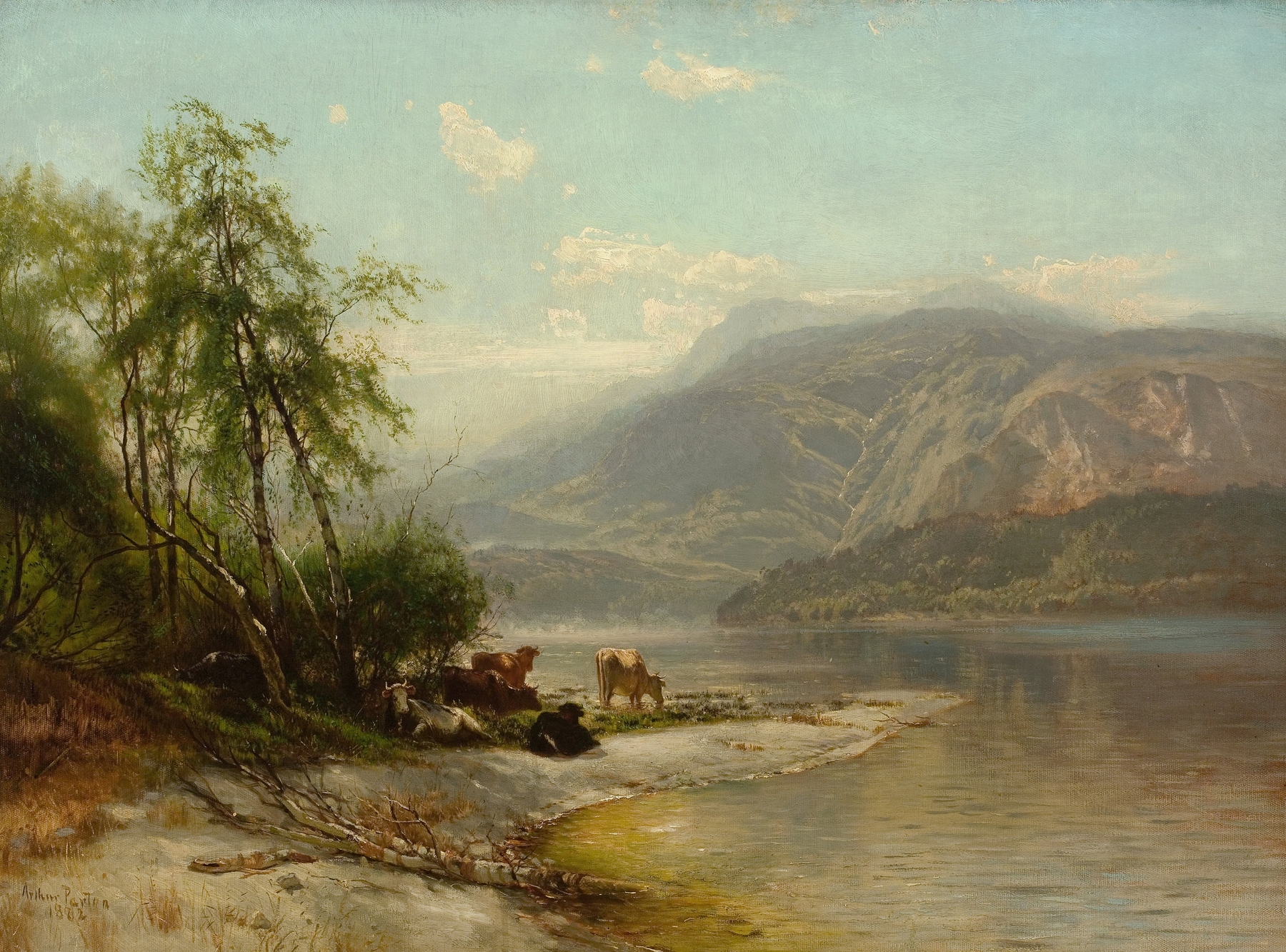Cows watering at river's edge, oil on canvas by Arthur Parton