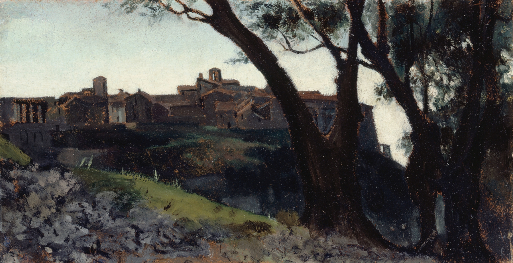 Twilight landscape featuring a village, oil painting by Jean-Jacques Henner