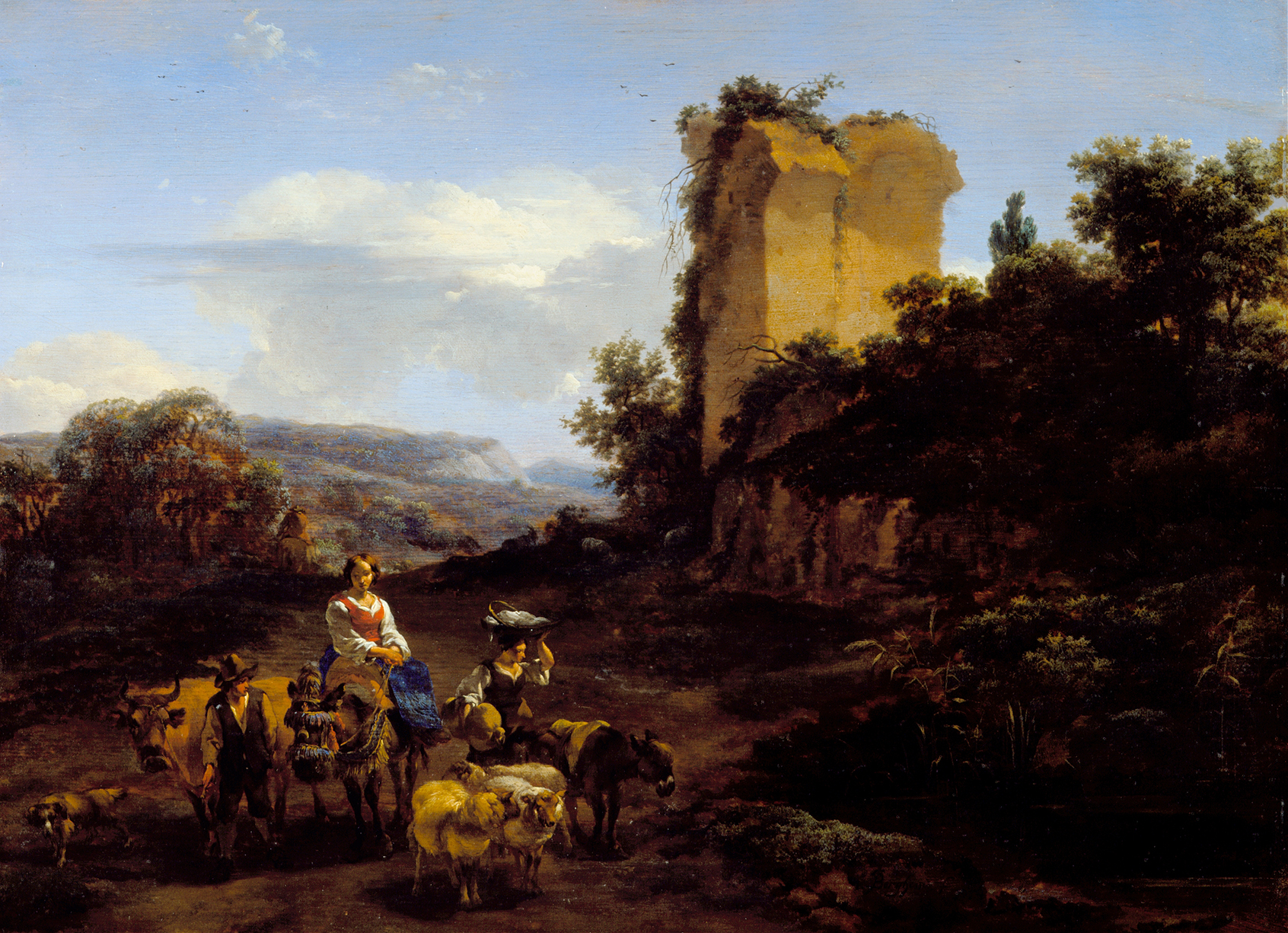 Landscape with Ruins and Travelers, by Nicolaes Pietersz Berchem, public domain