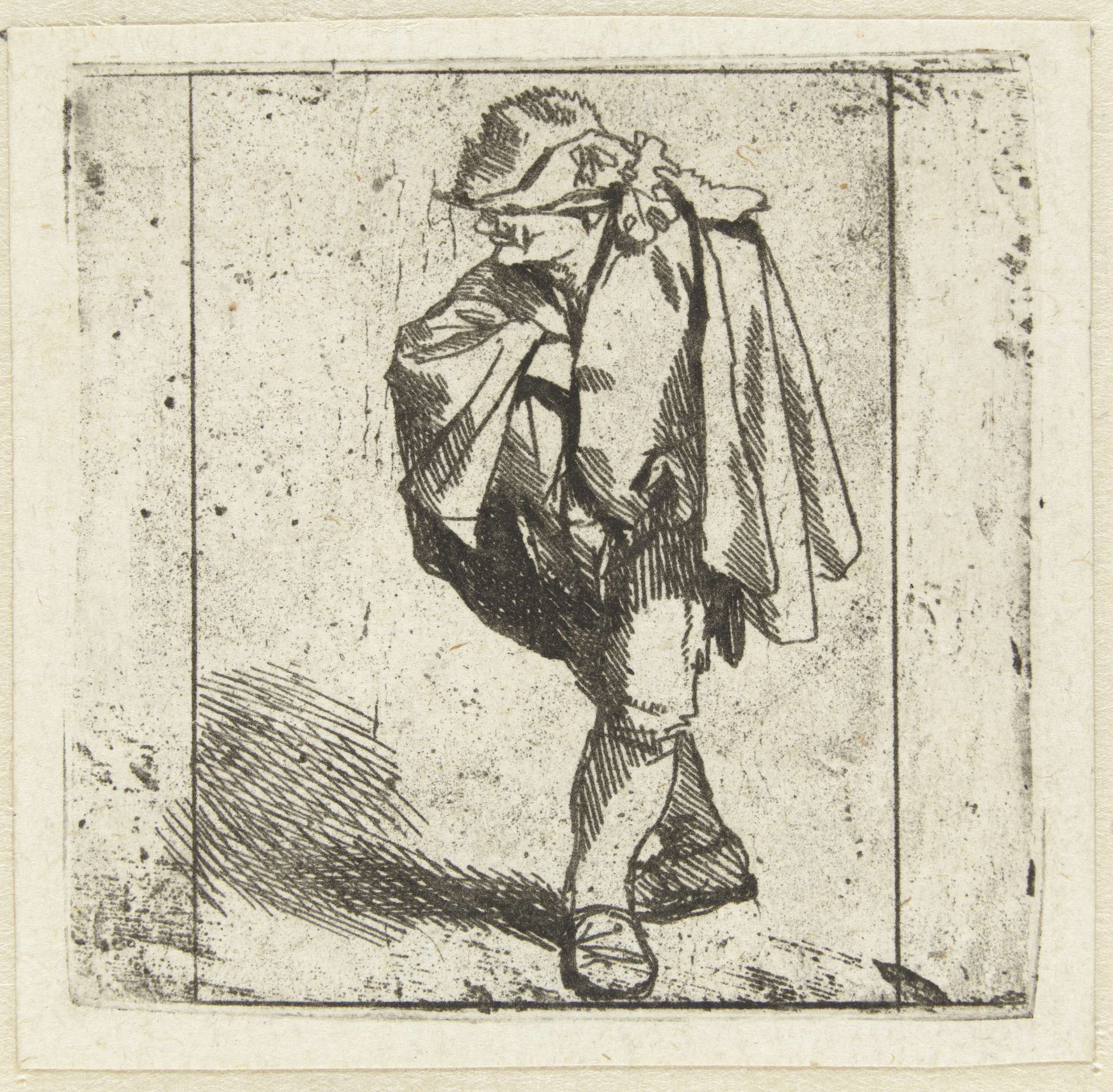 Staande man met de rechterhand op de borst in zijn mantel gestoken, by Cornelis Pietersz. Bega, public domain