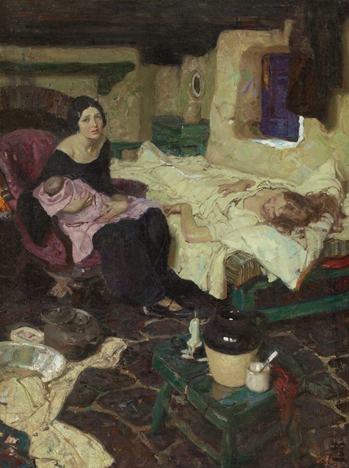 A depiction of a midwife with a baby and mother.
