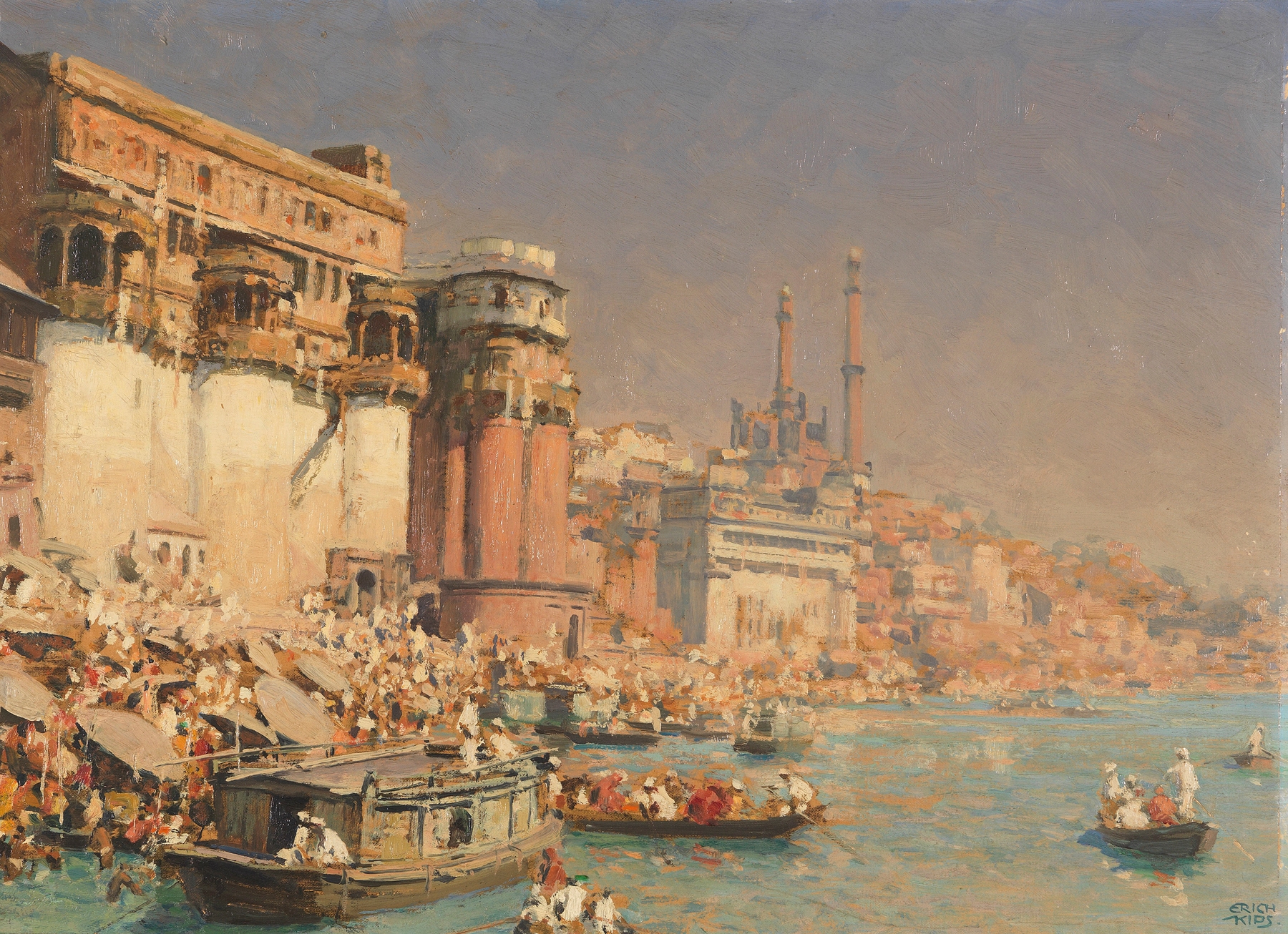 Oil painting of Munshi Ghat on the Ganges by Erich Kips