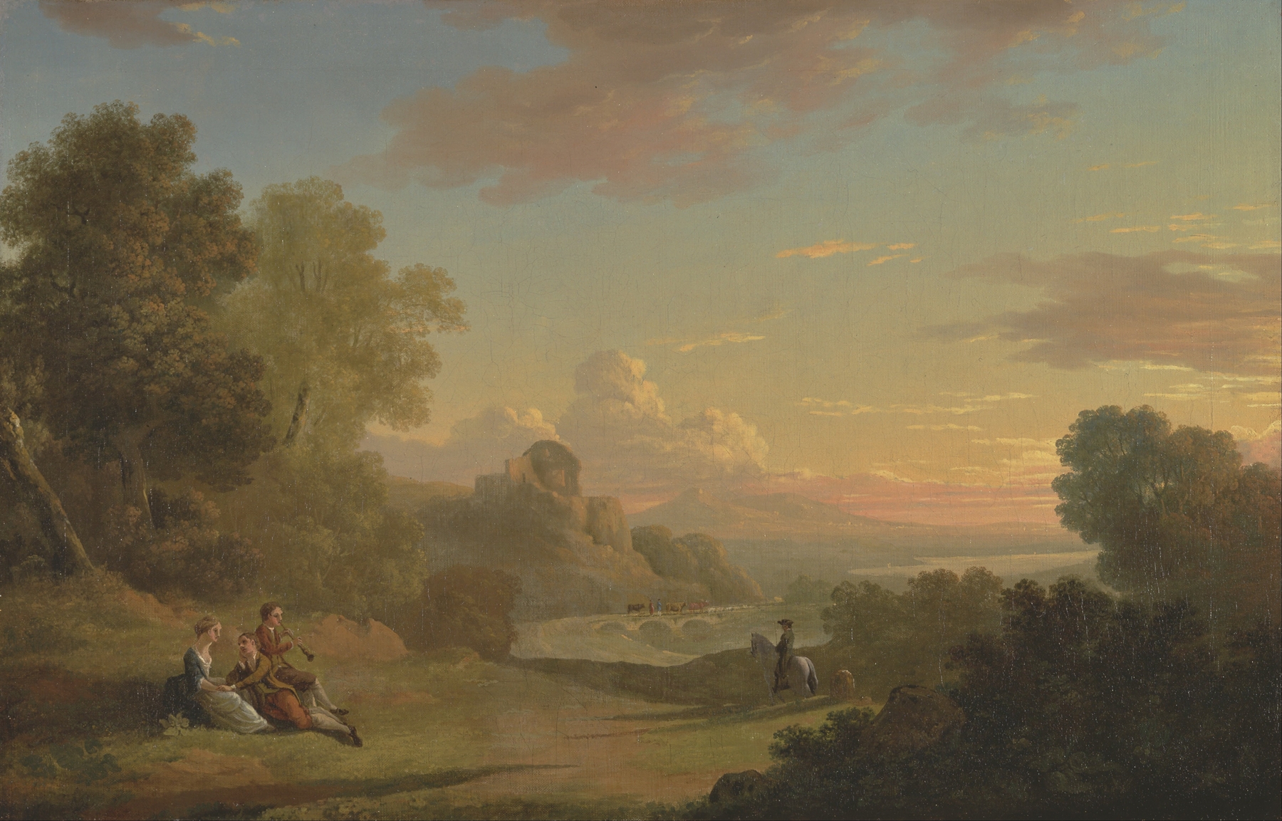 An Imaginary Landscape with a Traveller and Figures Overlooking the Bay of Baiae, by Thomas Jones, public domain