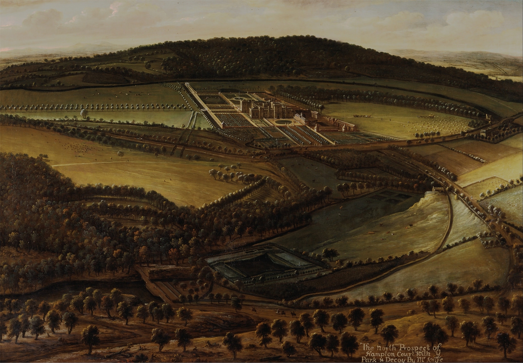 The North Prospect of Hampton Court by Leonard Knyff, oil painting depicting a grand estate.