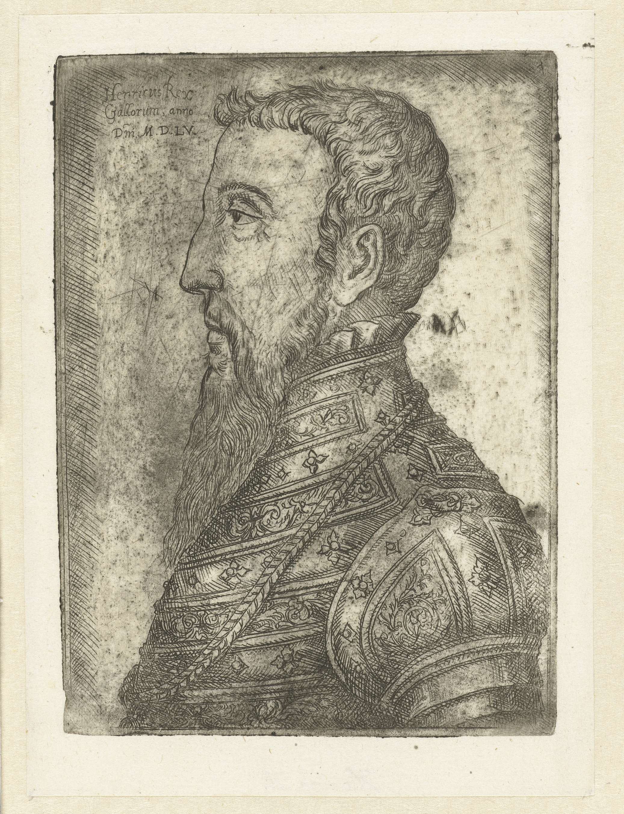 Portret van Hendrik II by Jan Cornelisz Vermeyen, etching, depicting a noble with a lace collar.