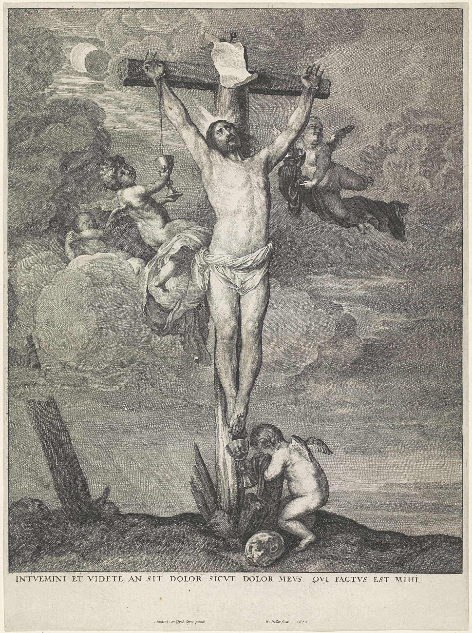 Etching by Wenceslaus Hollar depicting Christ on the cross with angels