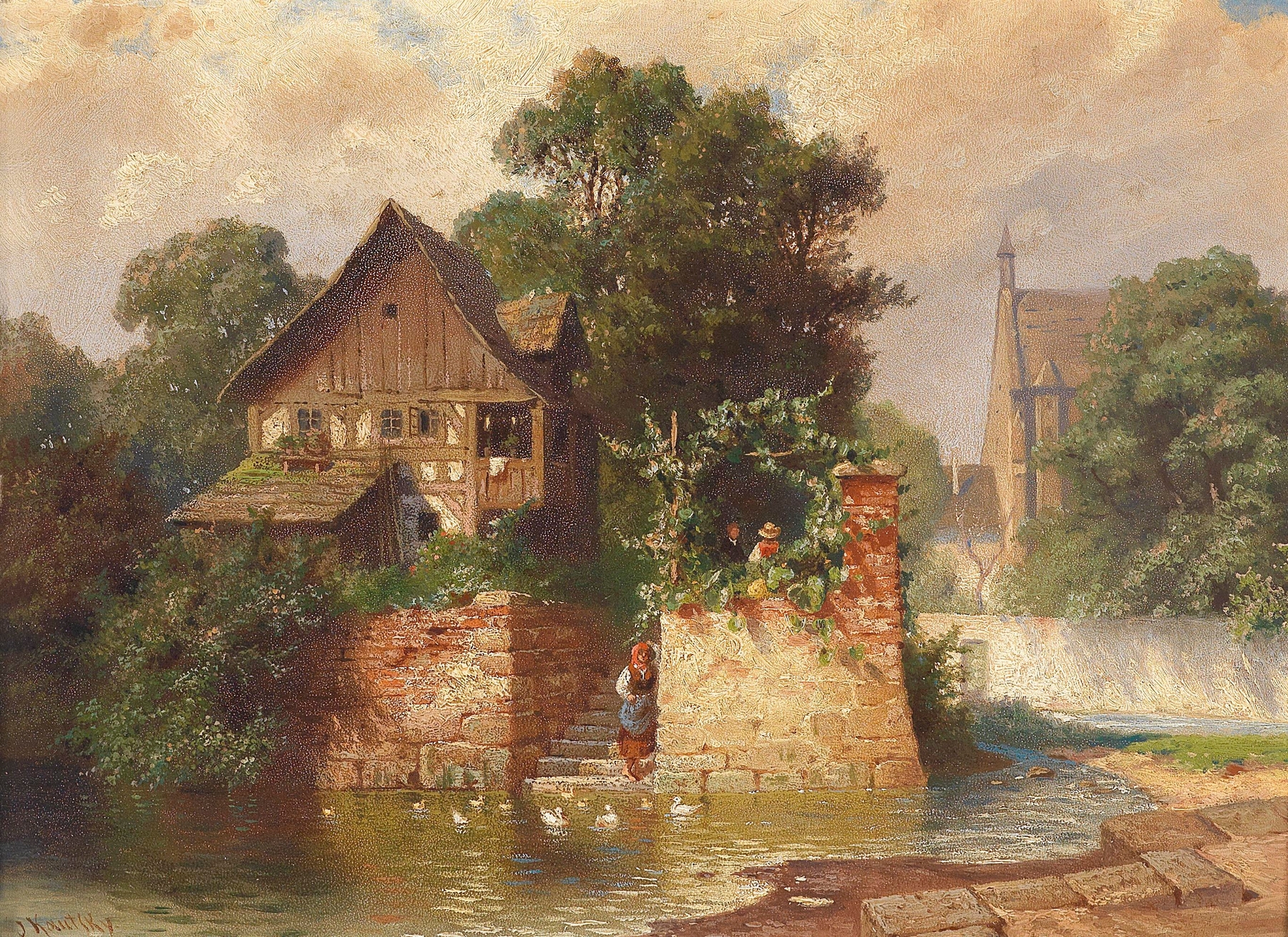 Lush greenery and tranquil landscape in oil painting by Johann Kautsky