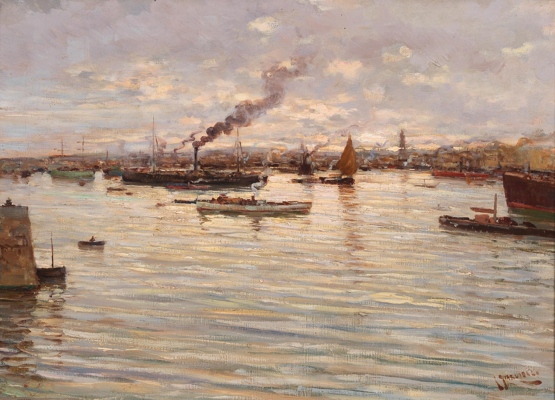 Marine scene depicting the horizon with light effects, oil painting by Giuseppe Giardiello