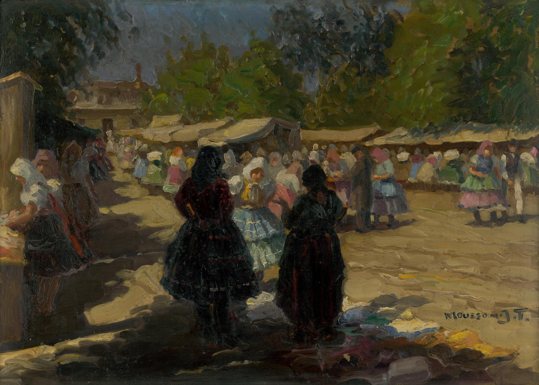 Genre scene depicting a market with figures in vibrant colors, oil painting by Jozef Teodor Mousson.