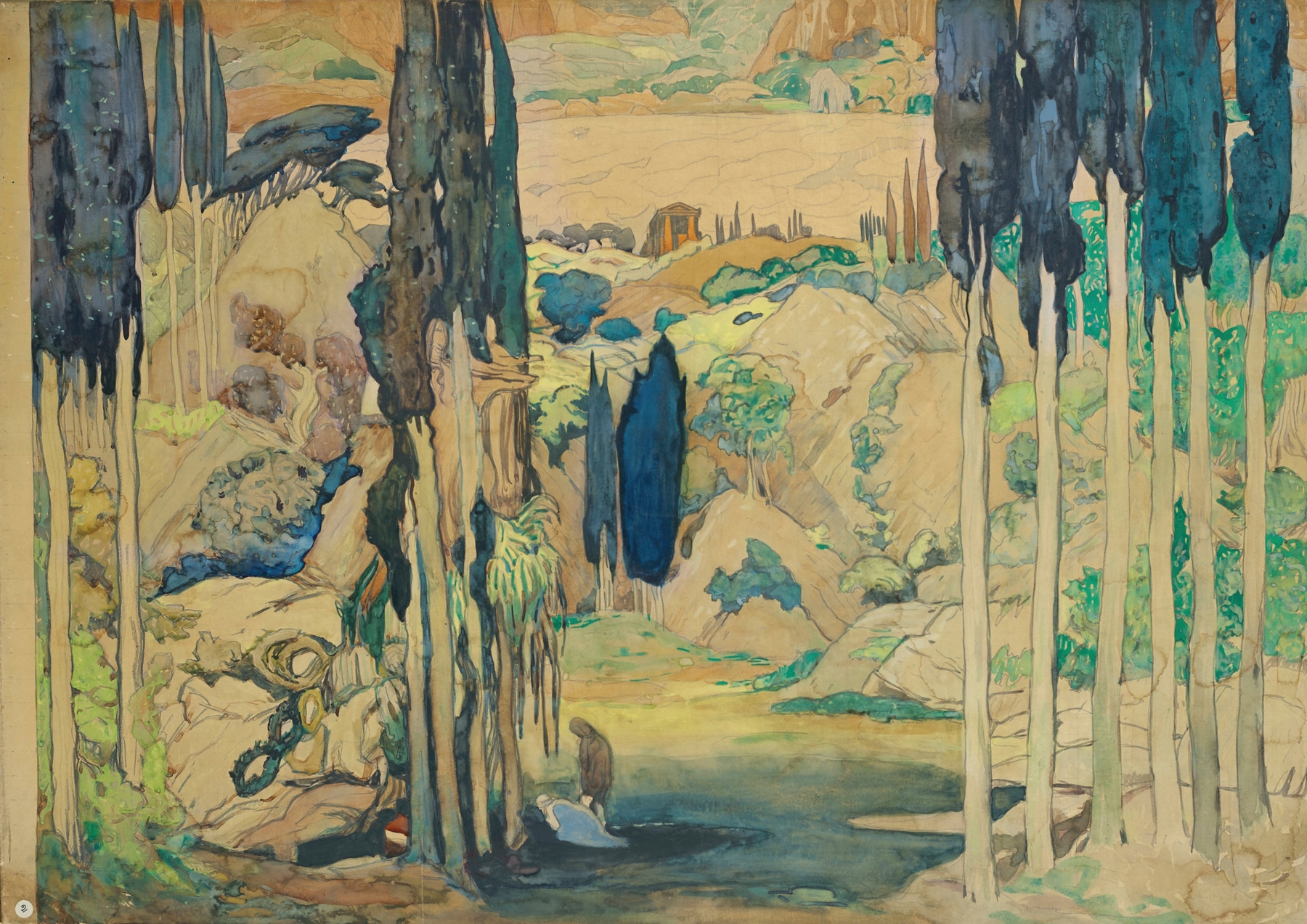 Stage design for ‘Daphnis et Chloé’; Acts I and III, by Léon Bakst, public domain
