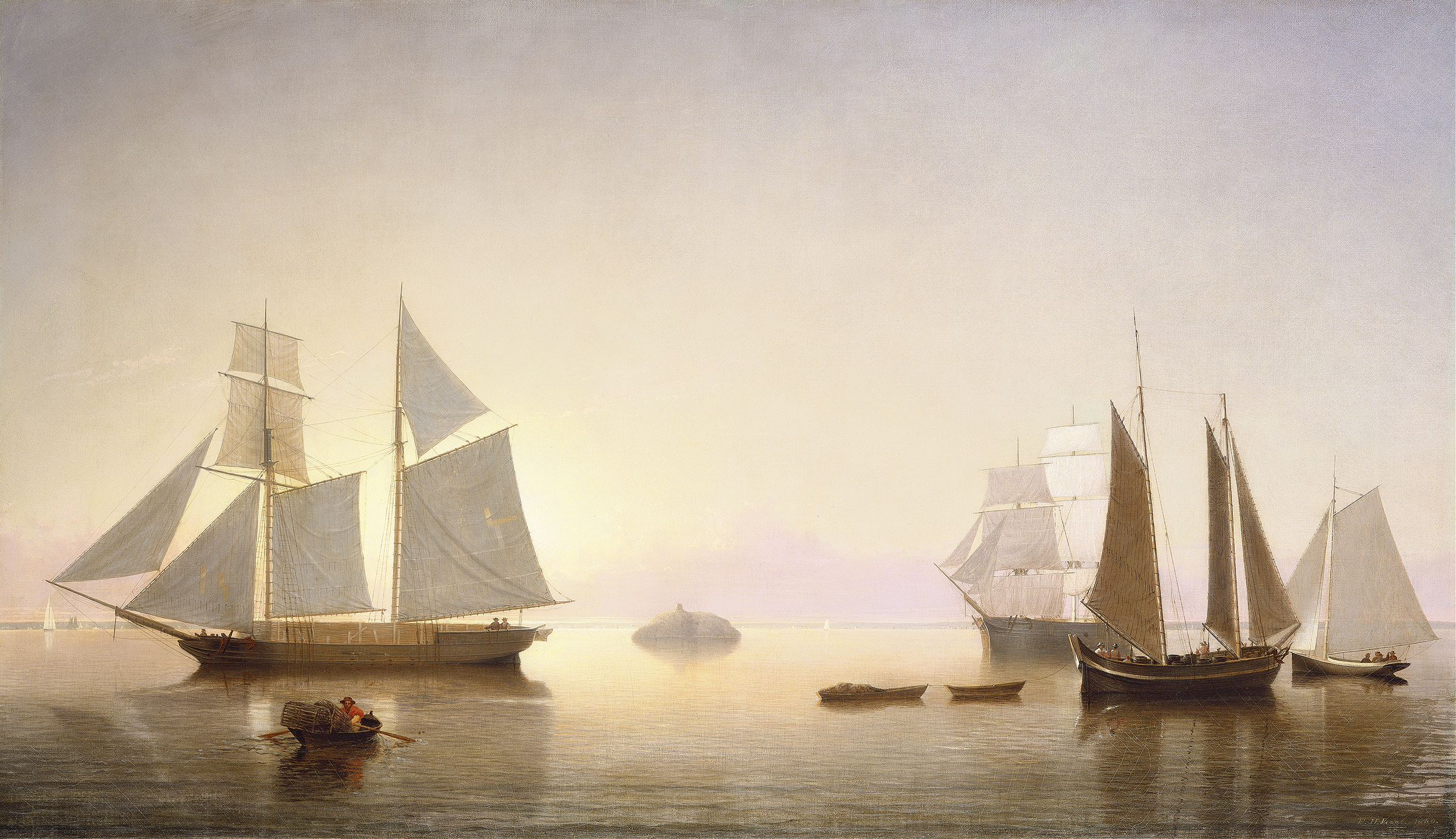 Becalmed off Halfway Rock by Fitz Henry Lane, oil painting of a sailboat on calm water at sunset