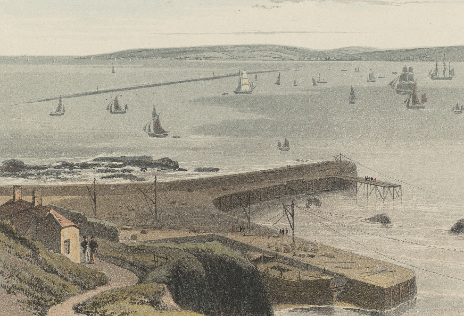 Quay at Straddon Point Near Plymouth, oil on canvas by William Daniell, depicting a tranquil shoreline and waves.