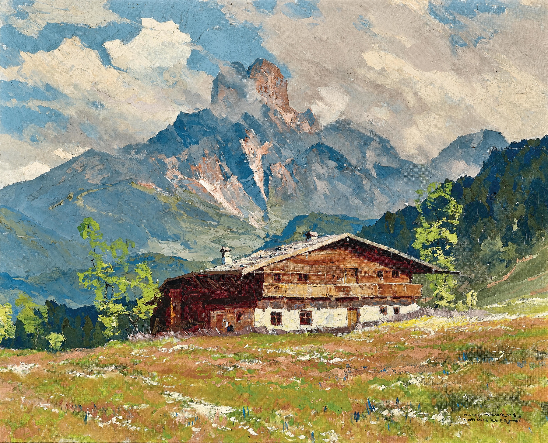 Landscape featuring Bischofsmütze mountain, oil painting by Hans Maurus