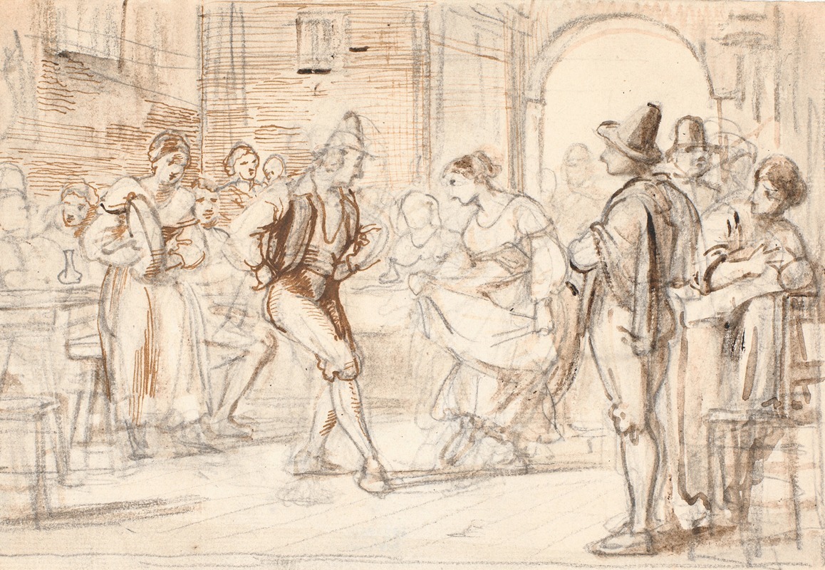A lively scene depicting a dance in a tavern setting.