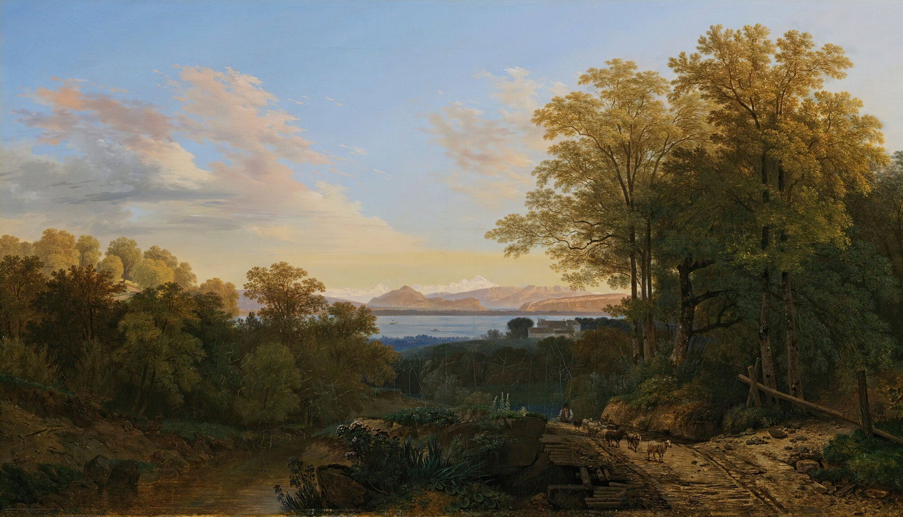 Landscape featuring Lake Geneva and Mont-Blanc by Wolfgang Adam Töpffer, oil painting.