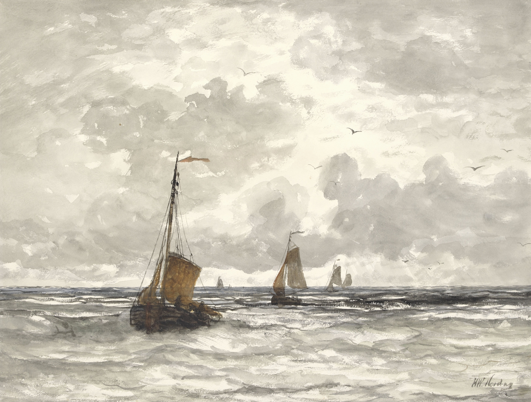 Fishing Boats on the Breakers, by Hendrik Willem Mesdag, public domain