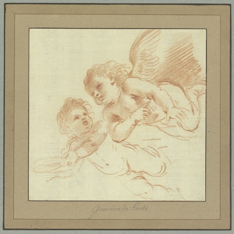 Two cherubs flying to the left, depicted in a dynamic and playful manner.