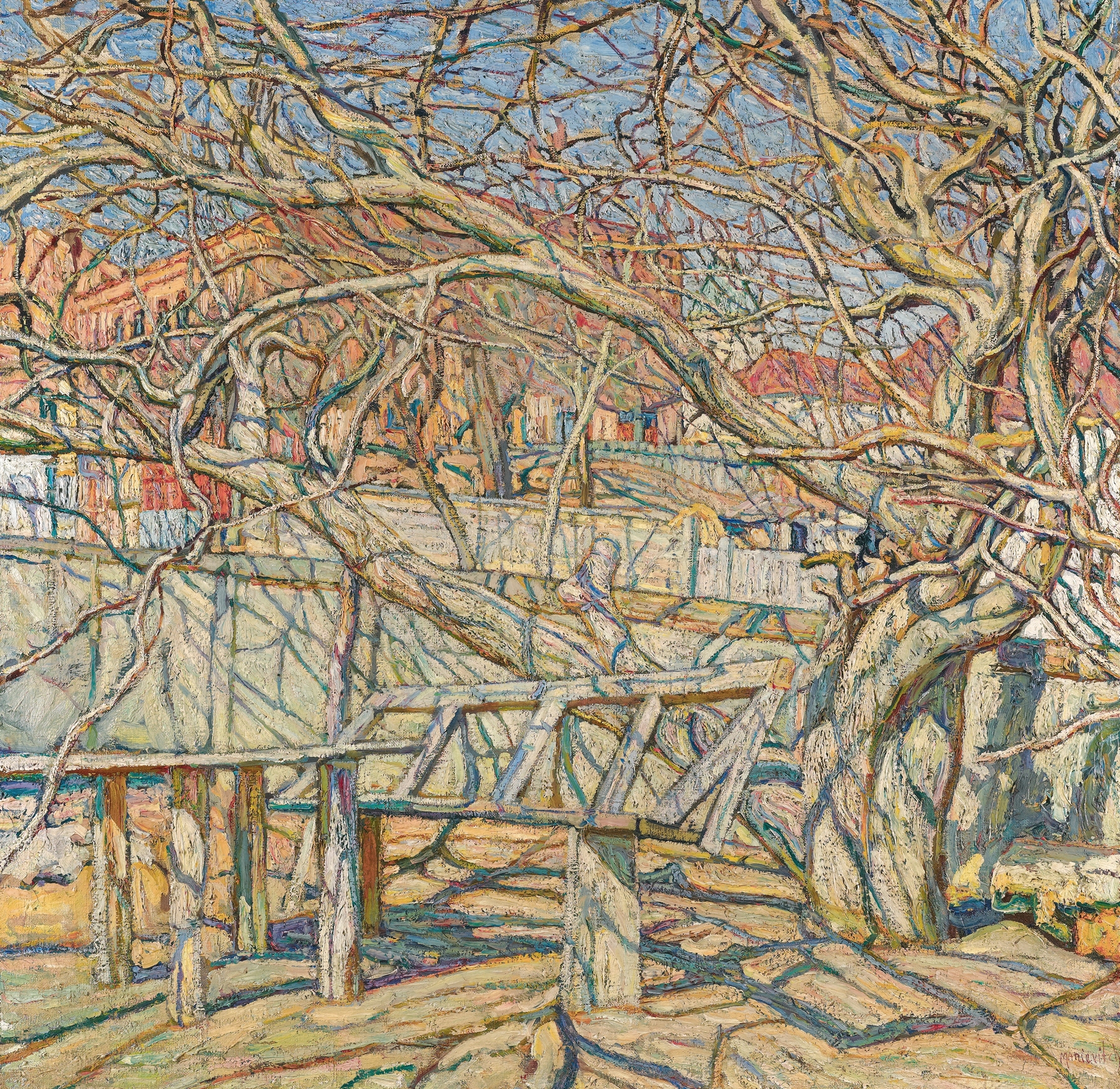 Early Spring by Abraham Manievich, oil on canvas depicting sunlight filtering through leaves and a stream.