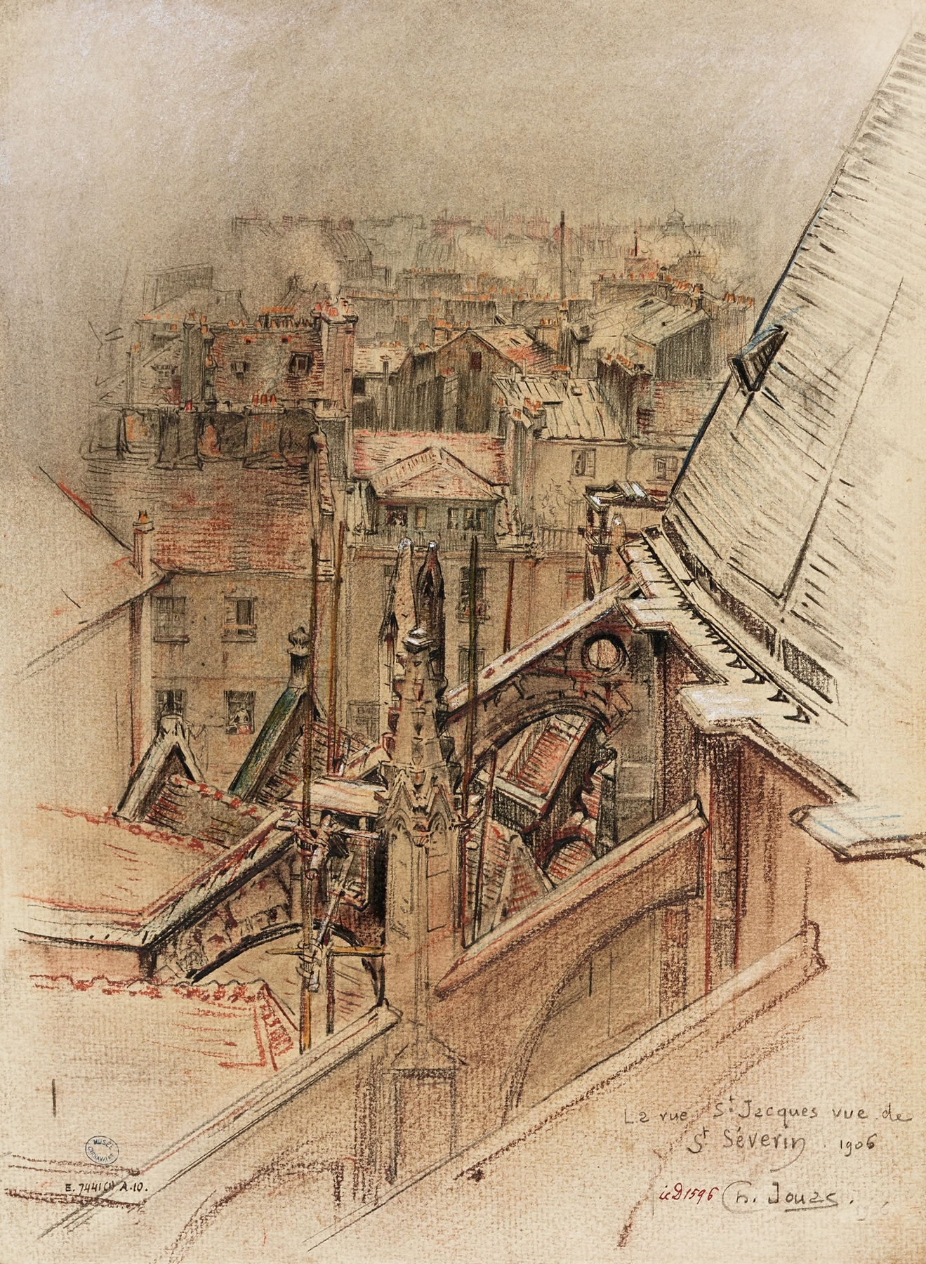 Rue Saint Jacques, 1906 by Charles Jouas, depicting a Paris street with sunlight and cobblestones.
