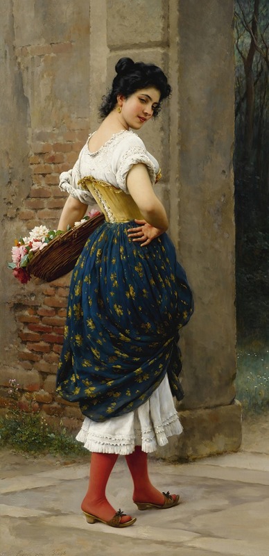 A beautiful painting of a maiden holding a basket of roses by Eugen von Blaas.