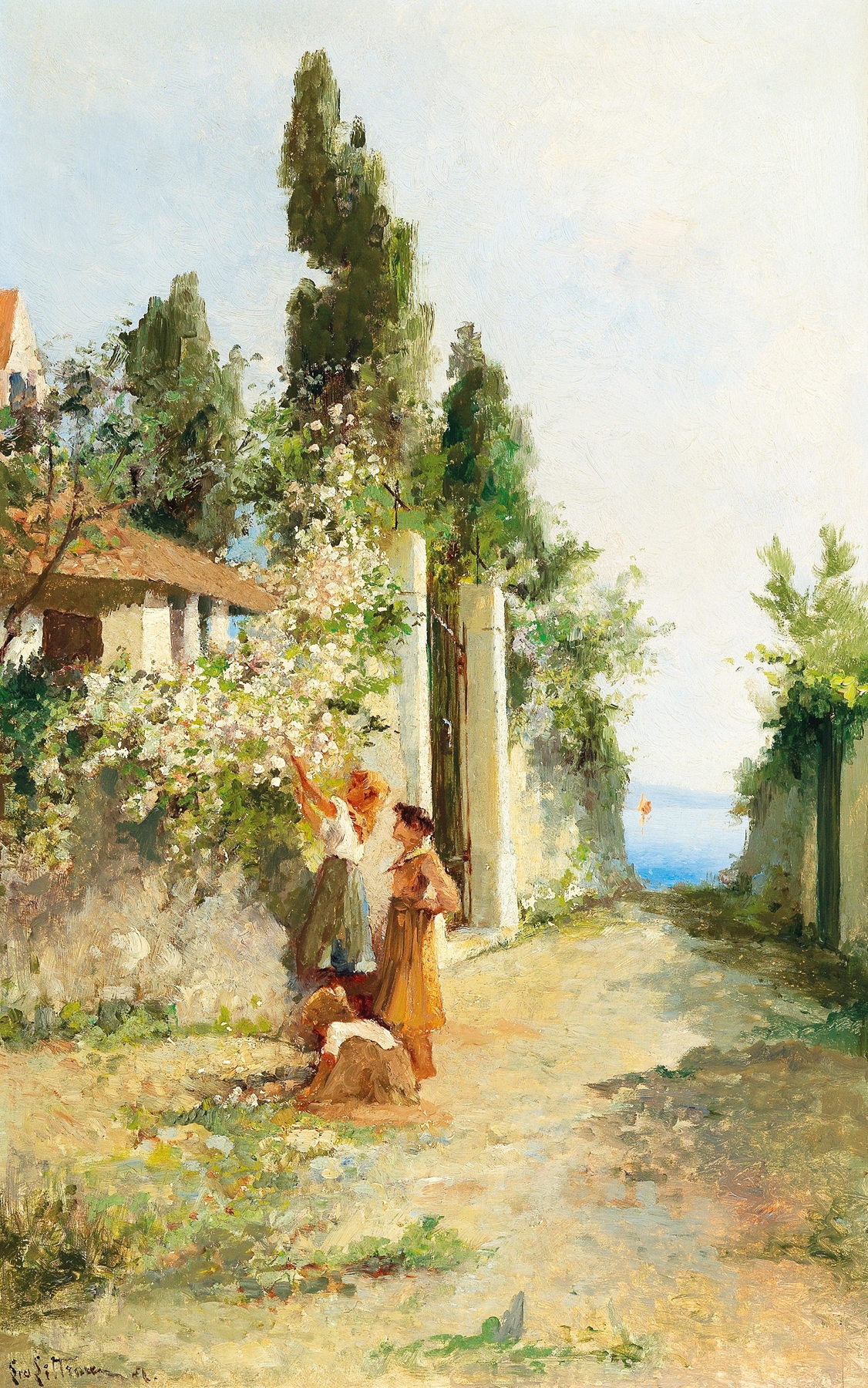 Three girls gathering roses in a colorful scene, oil painting by Leontine von Littrow