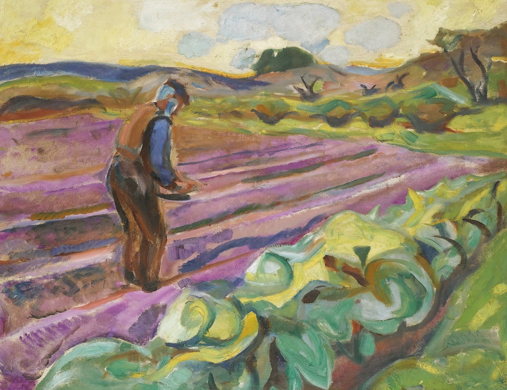 Edvard Munch's 'The Sower' depicts a figure sowing seeds in a vibrant landscape.