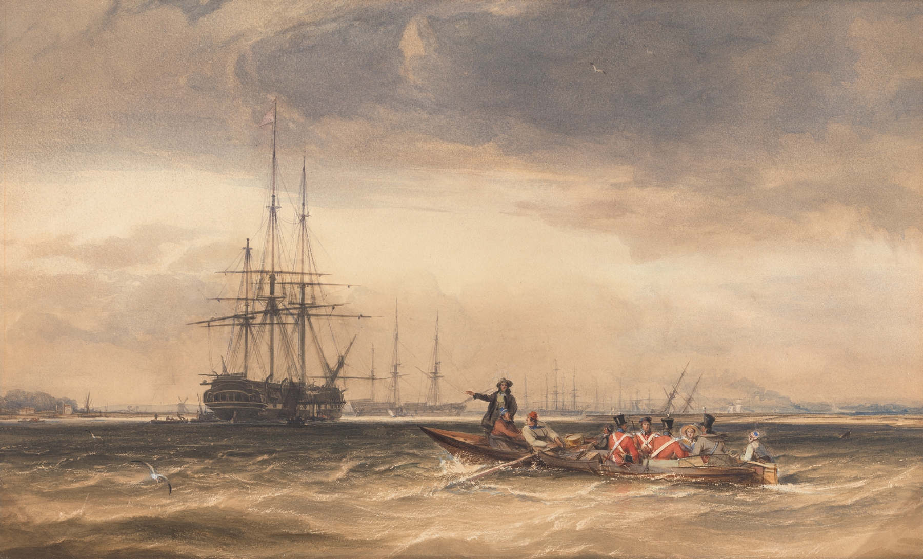 Soldiers being rowed in a boat towards a ship on the horizon, oil on canvas by George Chambers