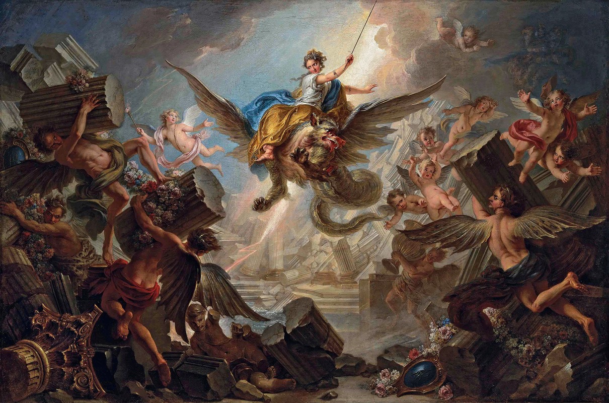 A dramatic scene depicting the destruction of Armida's palace.