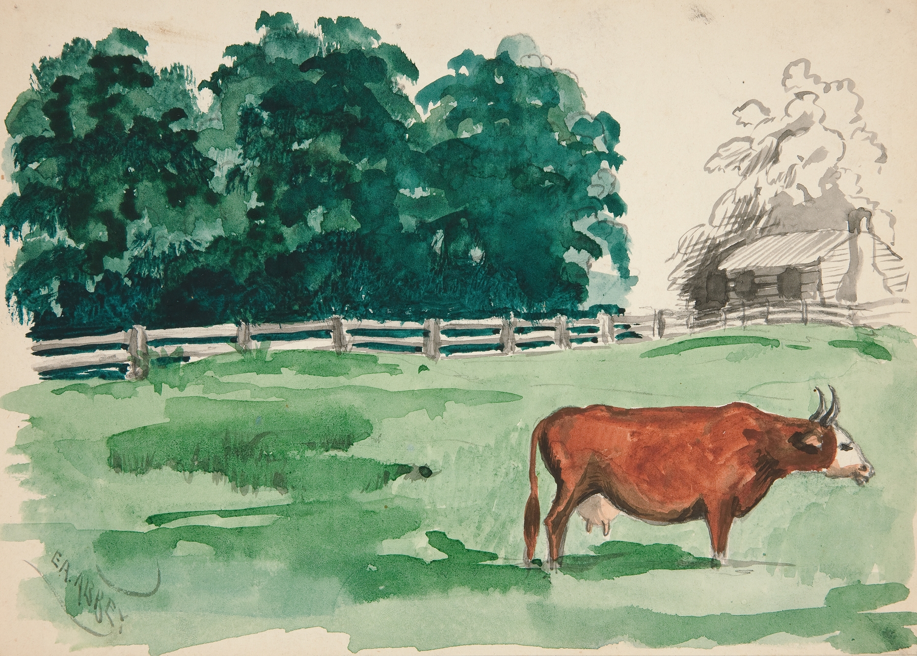Pasture scene with cow in foreground, by Edwin Austin Abbey, public domain