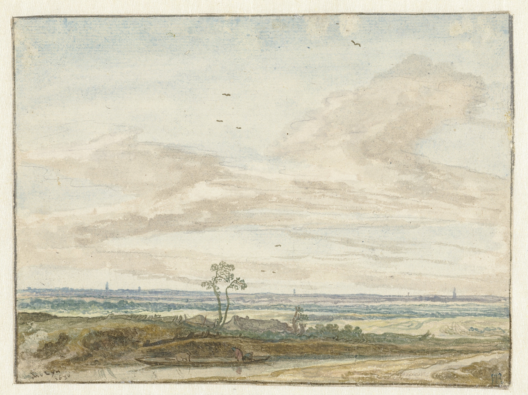 Wijd landschap met een weg langs een vaart, by Pieter de Molijn, public domain