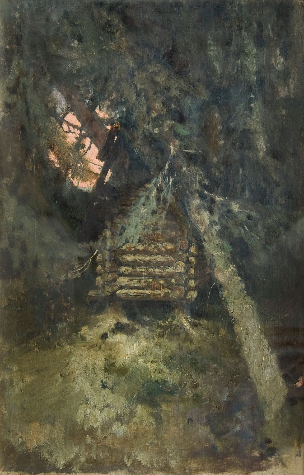Whimsical cabin on chicken legs in an ethereal landscape, oil on canvas by Victor Mikhailovich Vasnetsov.