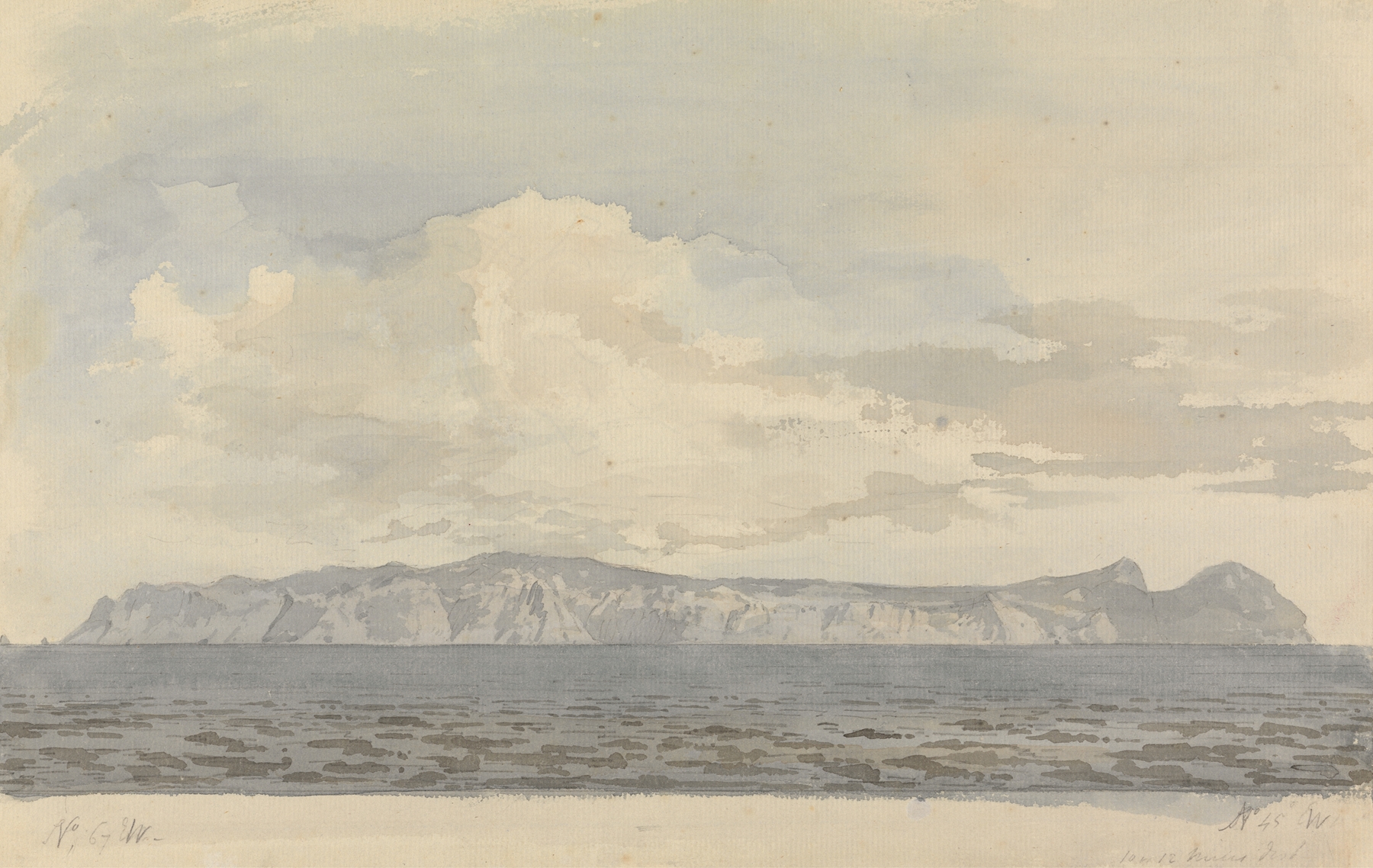 Distant View of an Island, oil on canvas by Samuel Davis, depicting a tranquil landscape with shadows.