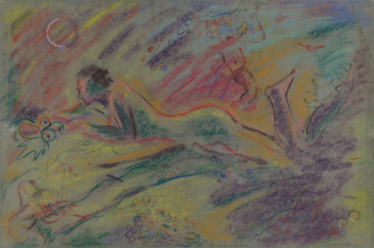 A reclining female nude set against a serene landscape.