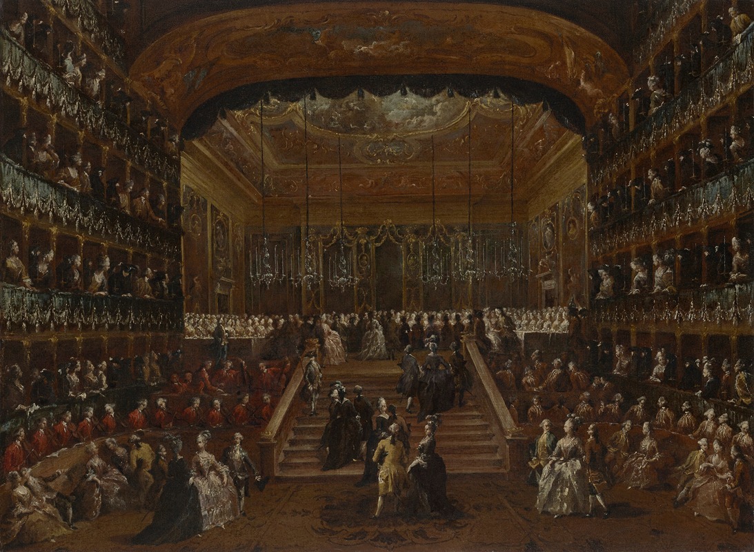 Francesco Guardi's painting captures a vibrant ball at Teatro San Benedetto in Venice.