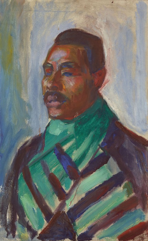 A portrait of an African man wearing a green scarf.