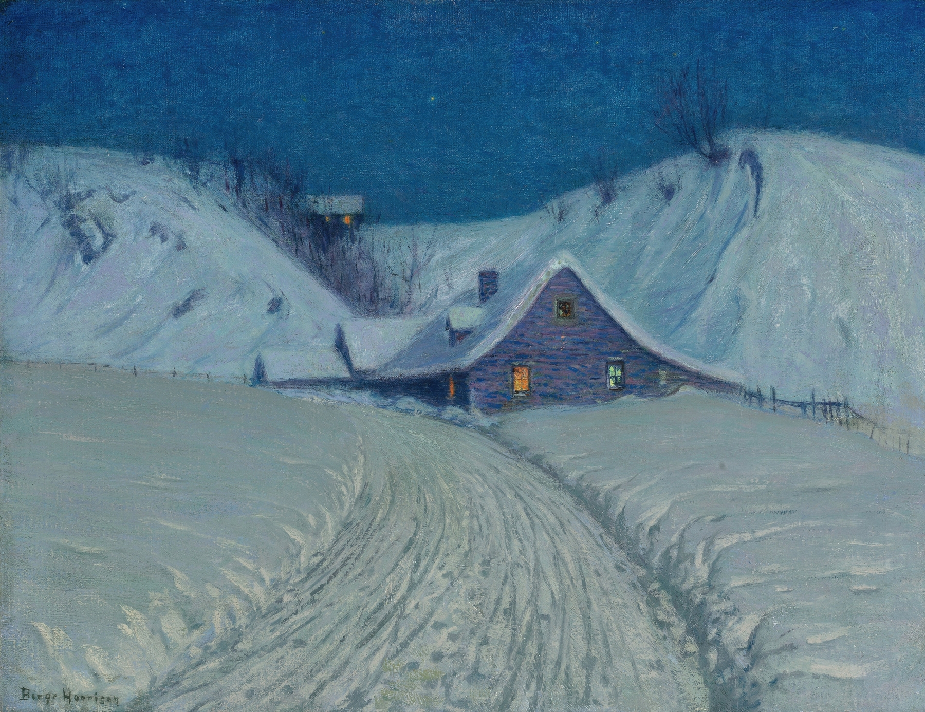 Winter’s Cabin at the Curve, oil on canvas by Birge Harrison, depicting a cabin in a snowy landscape.